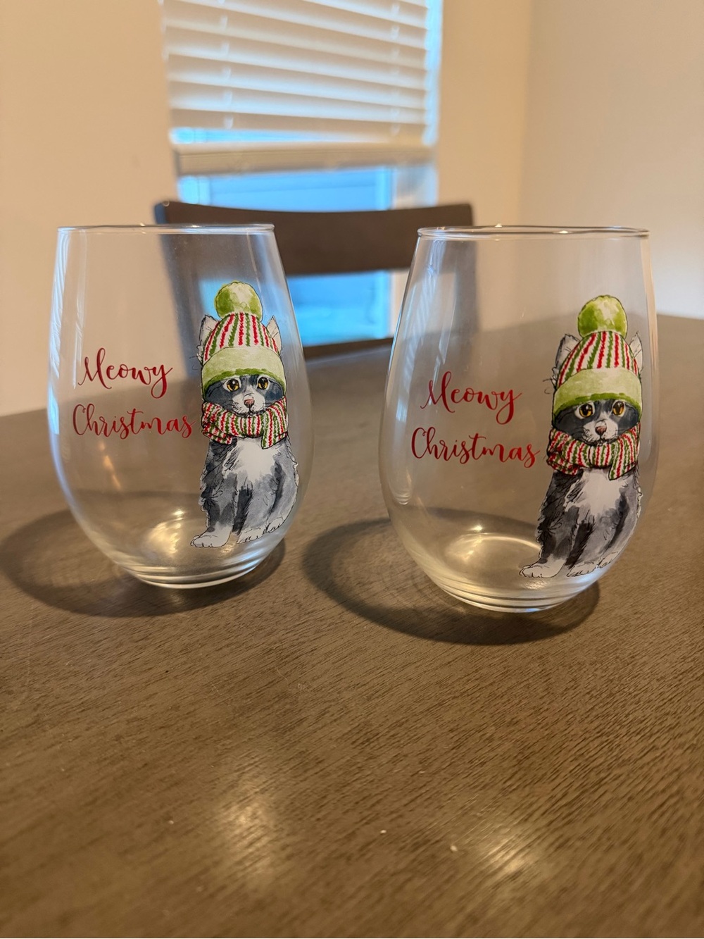 Holiday 'Meowy Christmas' Stemless Wine Glasses - Cat with Green Hat (Set of 2)